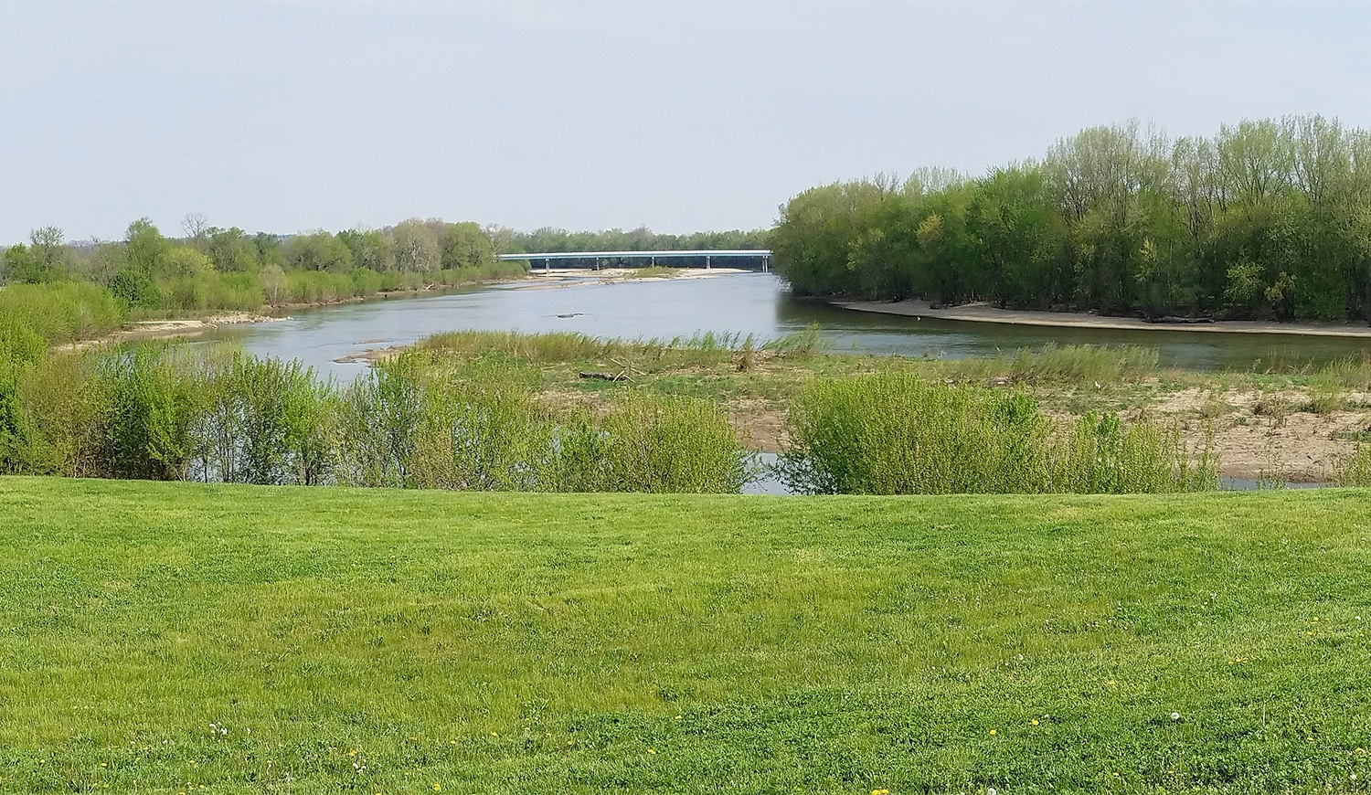 horizontal photo of the waterway at Yoctangee Park with trees in the background and grass in the foreground