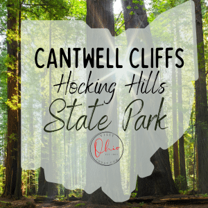 A photo of tall trees in a wooded area of a park. Text overlay says cantwell cliffs hocking hills state park