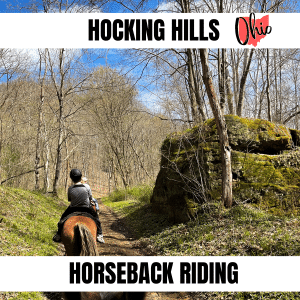 square image with a photo of the back view of 2 people on horses walking a trail in Hocking Hills. A white strip top and bottom have the text Hocking Hills Horseback Riding