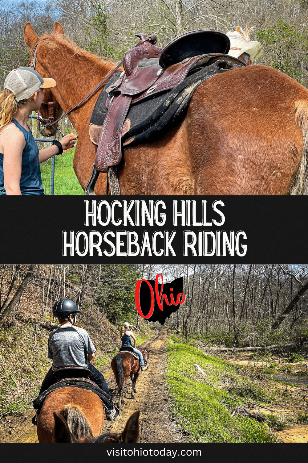 vertical image with two photos of horseback riding in Hocking Hills. A black strip across the middle has the text Hocking Hills Horseback Riding Photo credit: Cindy Gordon of VisitOhioToday.com