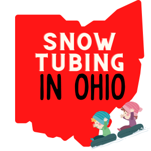 A red image of the Ohio map silhouette with a text overlay saying snow tubing in ohio. A cartoon graphic of two children on tyres sledding down a hill is in the bottom right of the image