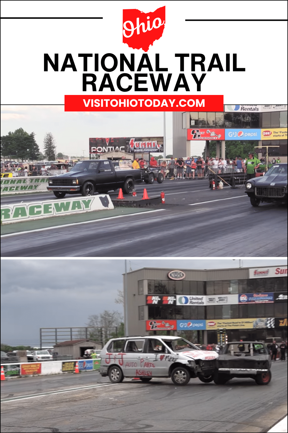vertical image with a photo of hot rods racing and a photo of a shot from the Hill Billy Demolition Derby. A white area across the top contains the text National Trail Raceway
