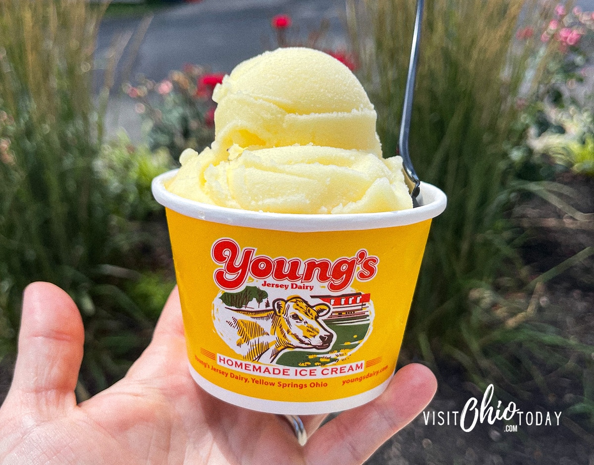 horizontal photo of a hand holding a tub of Young's Dairy Ice Cream. Photo credit: Cindy Gordon of VisitOhioToday.com