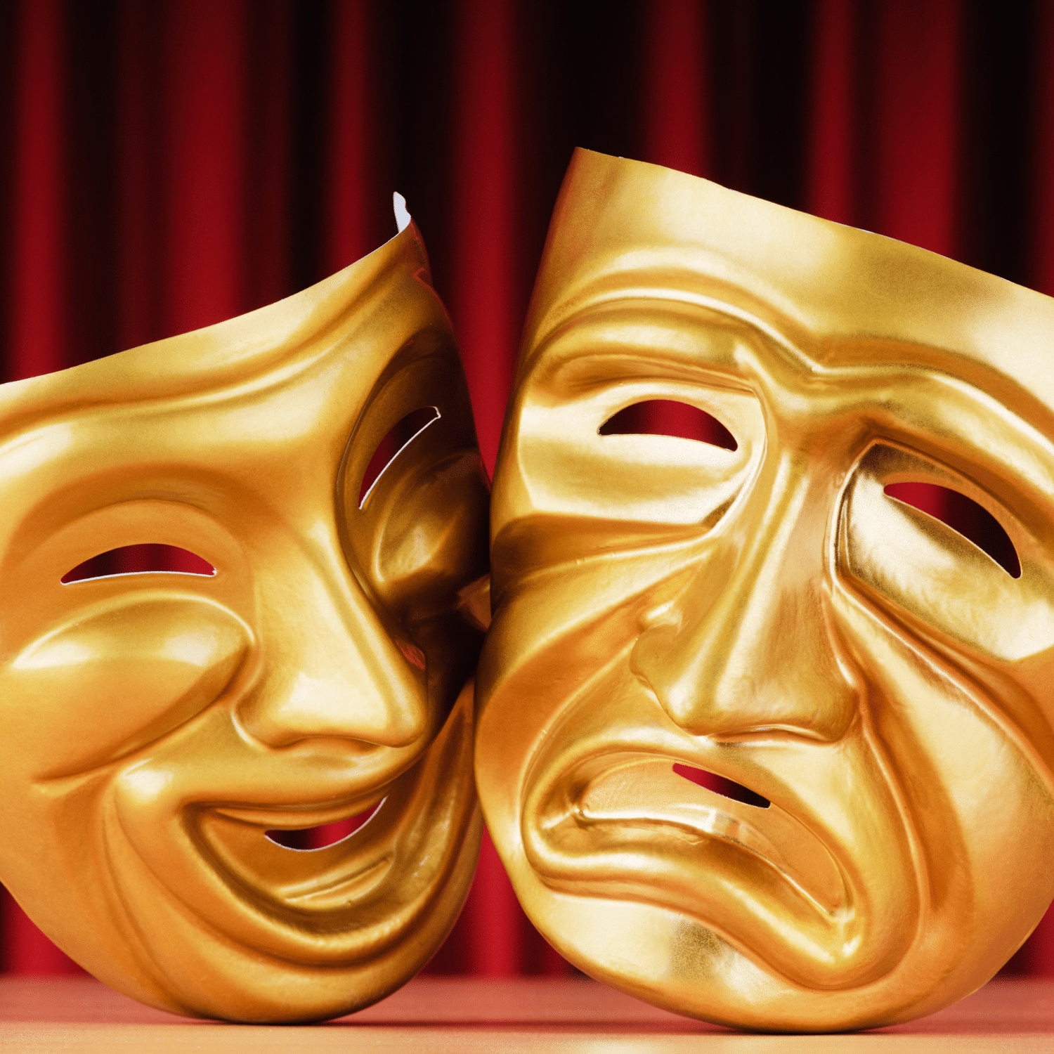Golden drama masks. One depicting joy and the other showing sadness