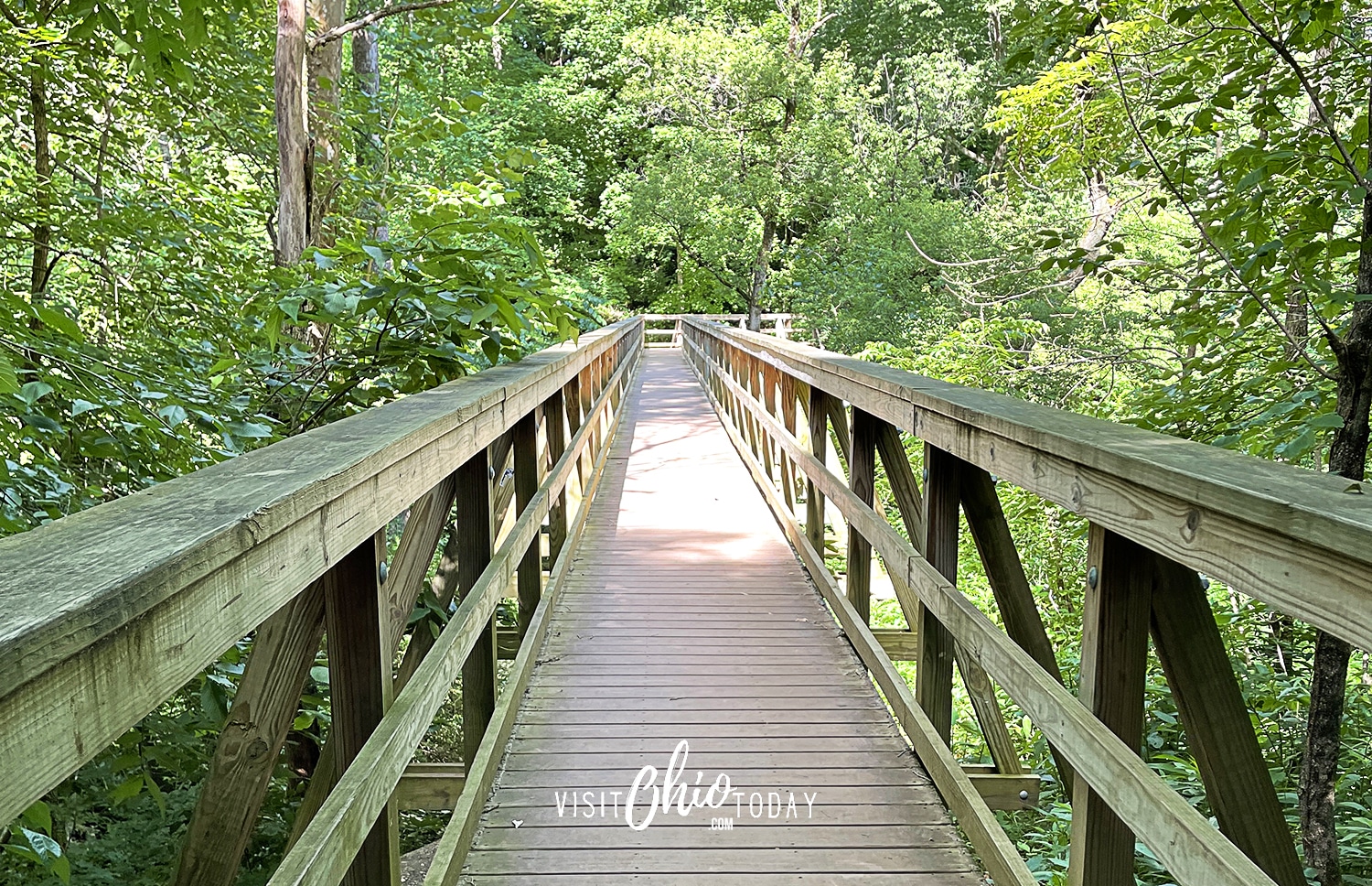 horizontal photo of a boardwalk section of a trail at Glen Helen Nature Preserve. Photo credit: Cindy Gordon of VisitOhioToday.com