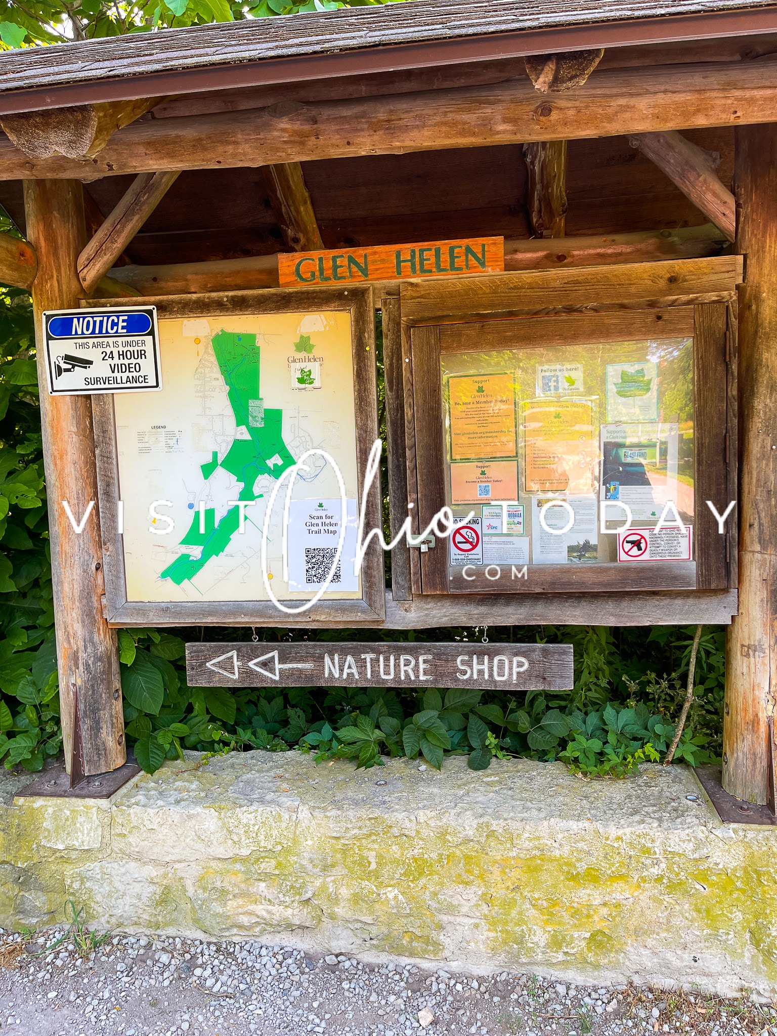 vertical photo showing the entrance board with trail map and other notices to Glen Helen Nature Preserve Photo credit: Cindy Gordon of VisitOhioToday.com