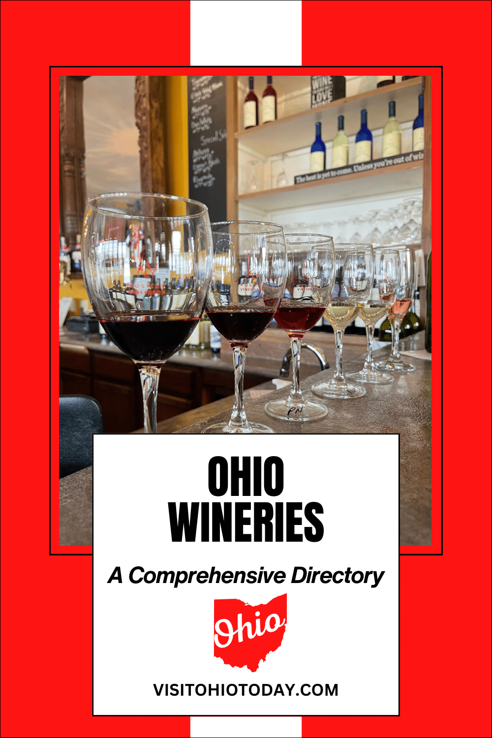 vertical image for Pinterest with a photo of a flight of wine for tasting on a bar. A white box at the bottom contains the text Wineries in Ohio, A comprehensive directory