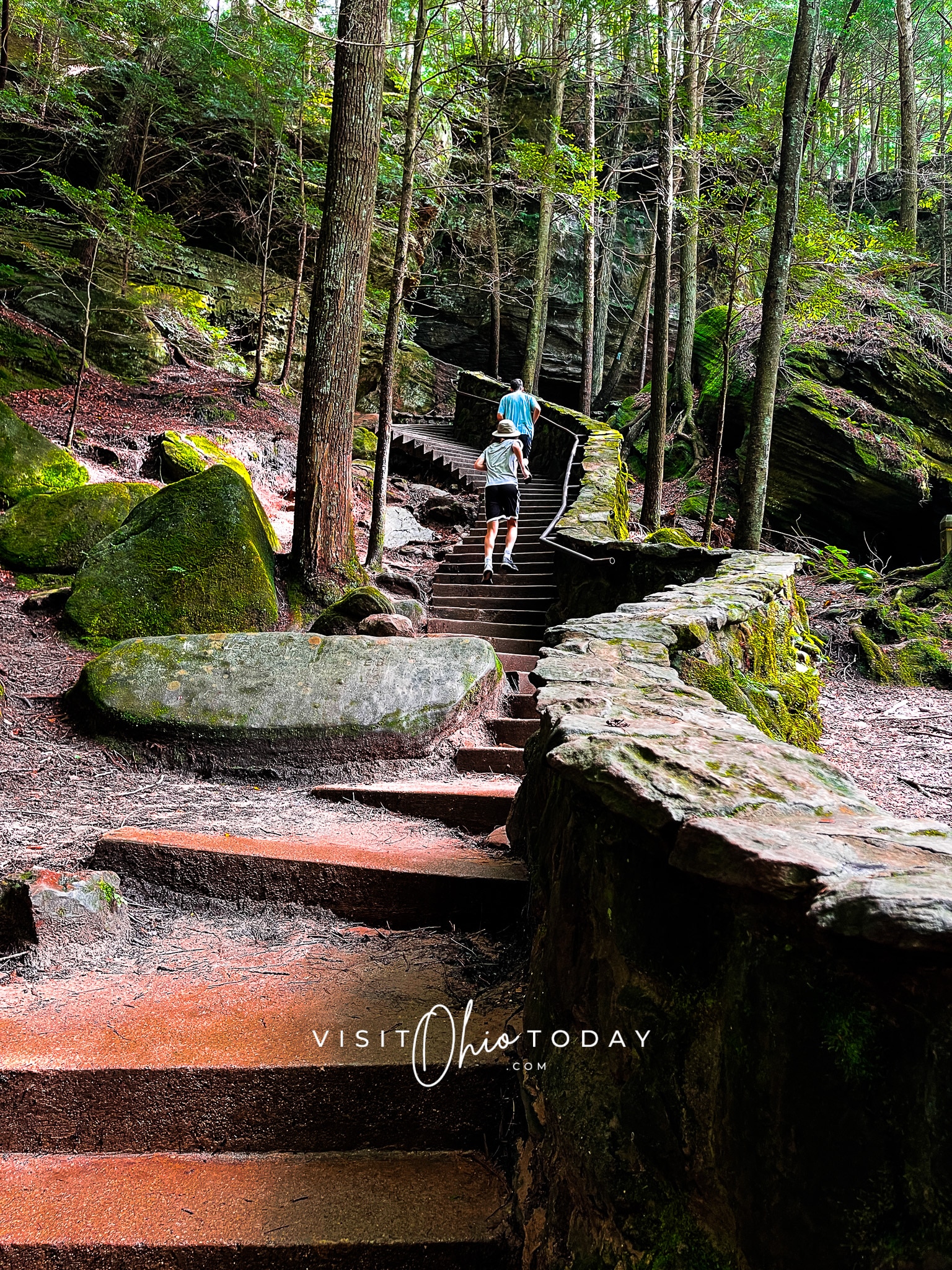 vertical photo of a long, tall stairway at Old Man’s Cave. Photo credit: Cindy Gordon of VisitOhioToday.com