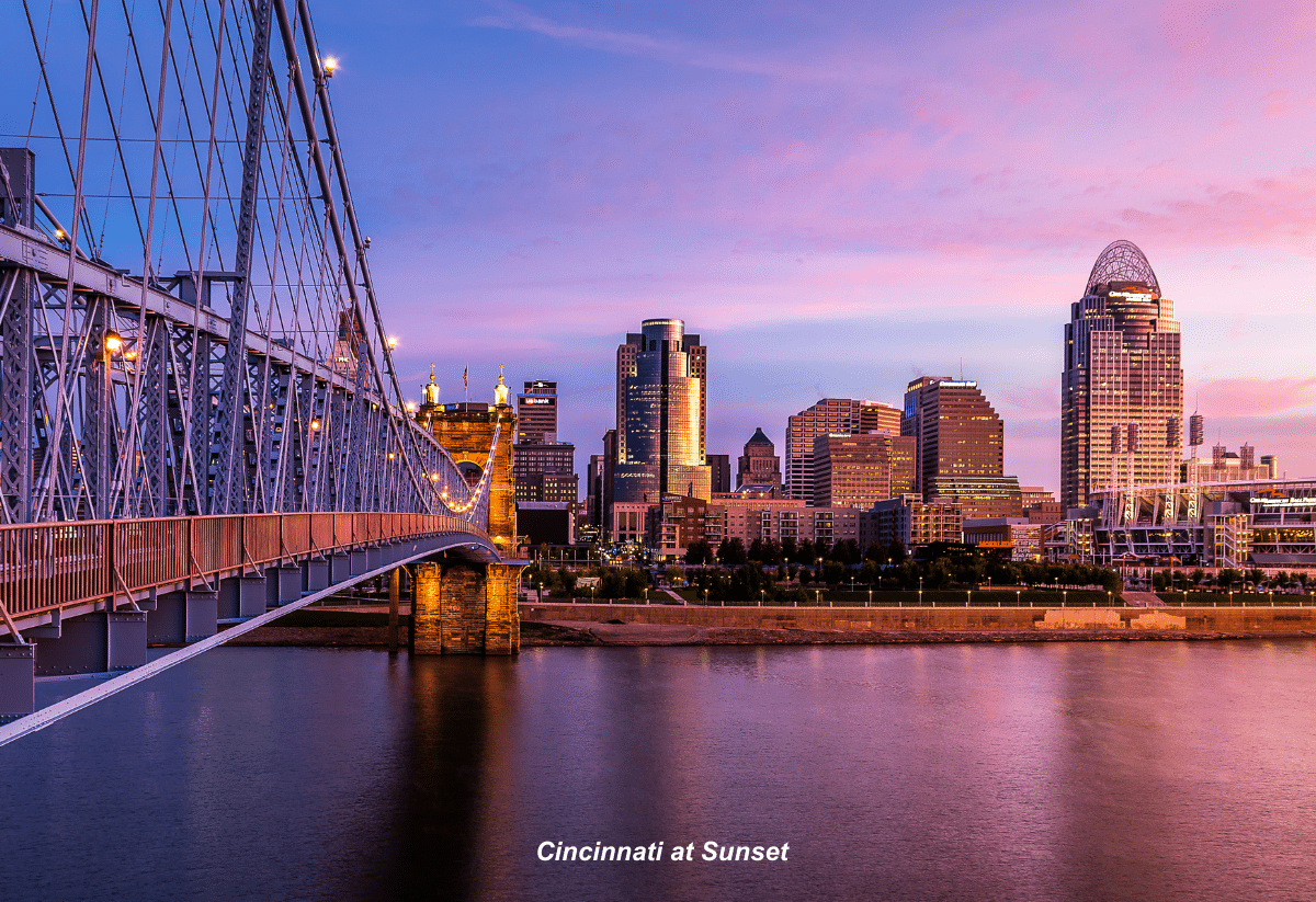 horizontal photo of the Cincinnati skyline at sunset taken from the Kentucky side of the Ohio river with the Roebling Bridge and reflections in the river