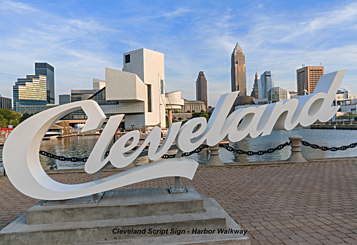 horizontal photo of a Cleveland Script Sign at the Harbor