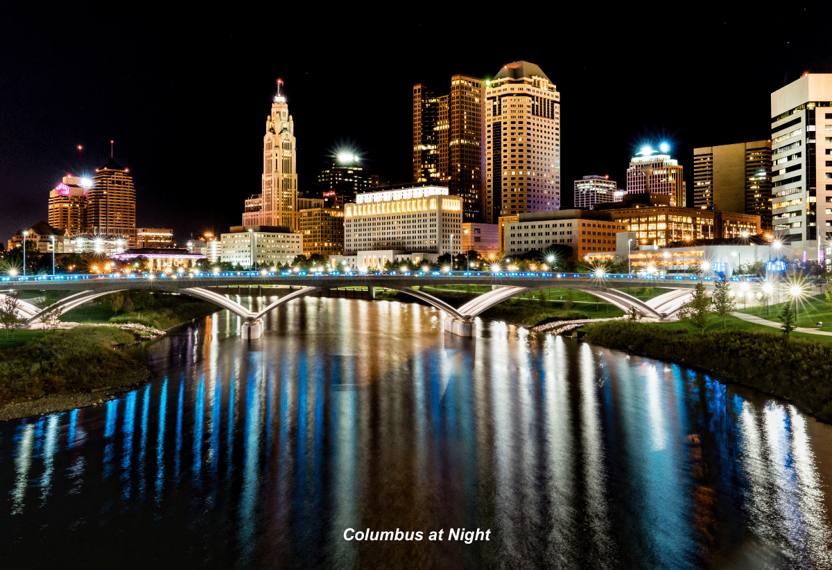 horizontal photo of the Columbus skyline at night with lights reflected in the river