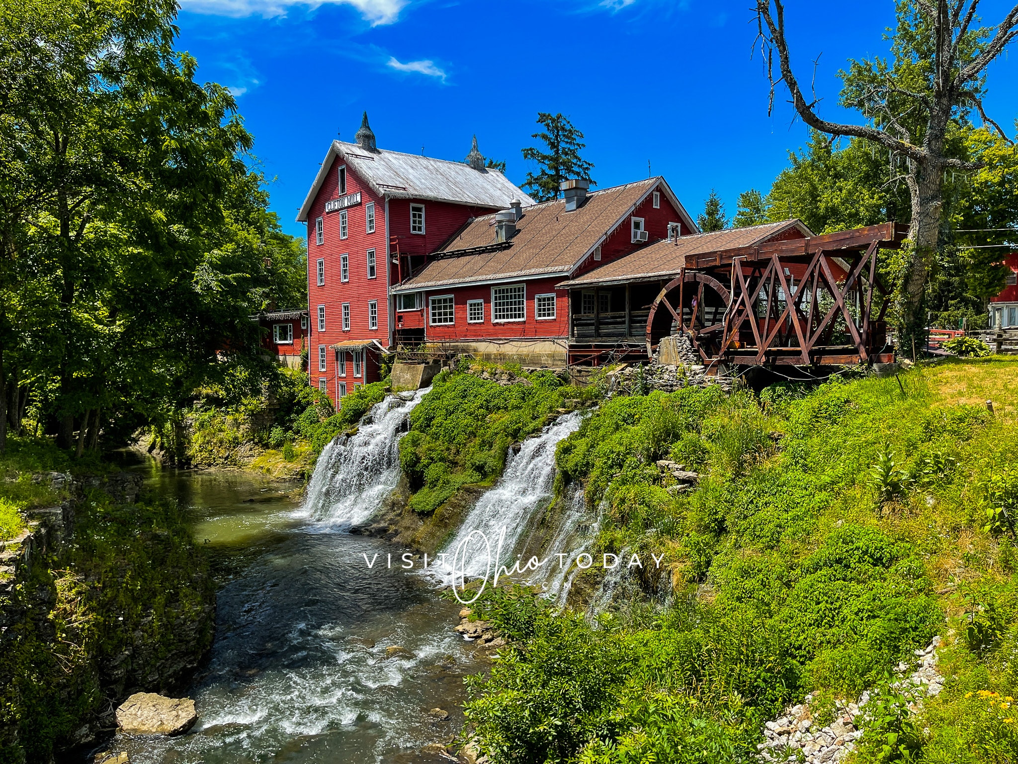 horizontal photo showing clifton mill with the double waterfall Photo credit: Cindy Gordon of VisitOhioToday.com