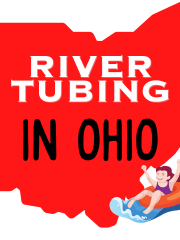 square image showing a large red ohio map with River Tubing in Ohio text and a cartoon image of a young girl in a river tube
