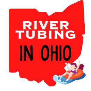 square image showing a large red ohio map with River Tubing in Ohio text and a cartoon image of a young girl in a river tube