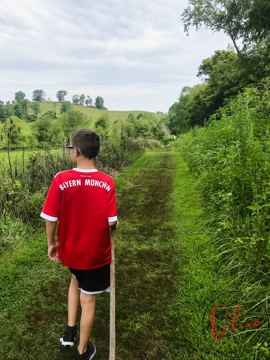 vertical photo of a boy walking along the trail at Rockbridge State Nature Preserve
