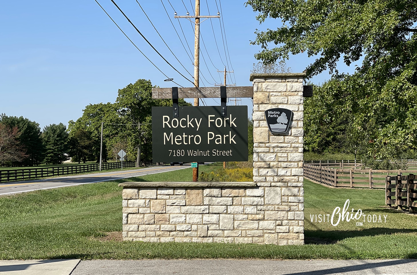 side of a street with a stone and brown sign that reads rocky fork metro park. Photo credit: Cindy Gordon of VisitOhioToday.com