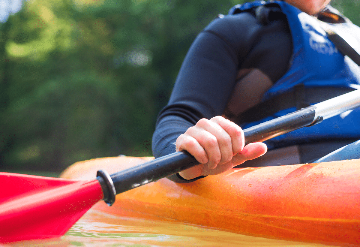 horizontal photo of a close up of a man paddling a kayak