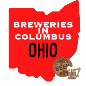 square photo showing a red map of ohio with breweries in columbus ohio on it and a beer barrel with a mug of frothy beer