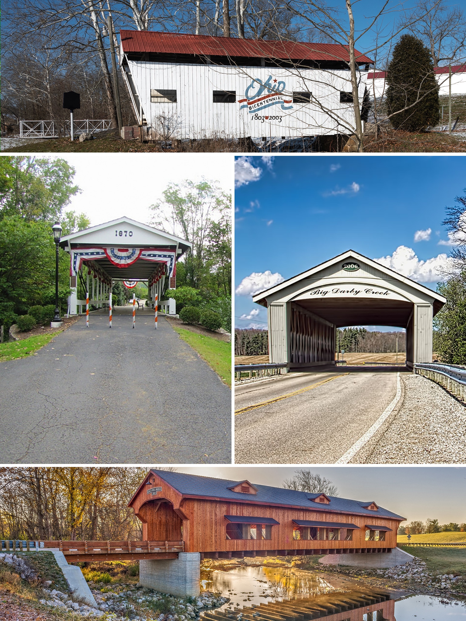 vertical collage of 4 covered bridges in ohio. 2 are portrait orientation, and 2 are landscape