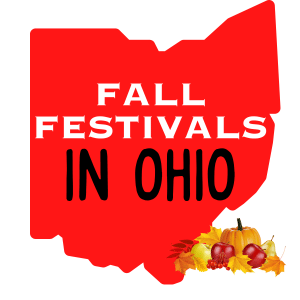 square image of a red map of ohio with fall festivals in ohio text and some fall fruit and leaves small image