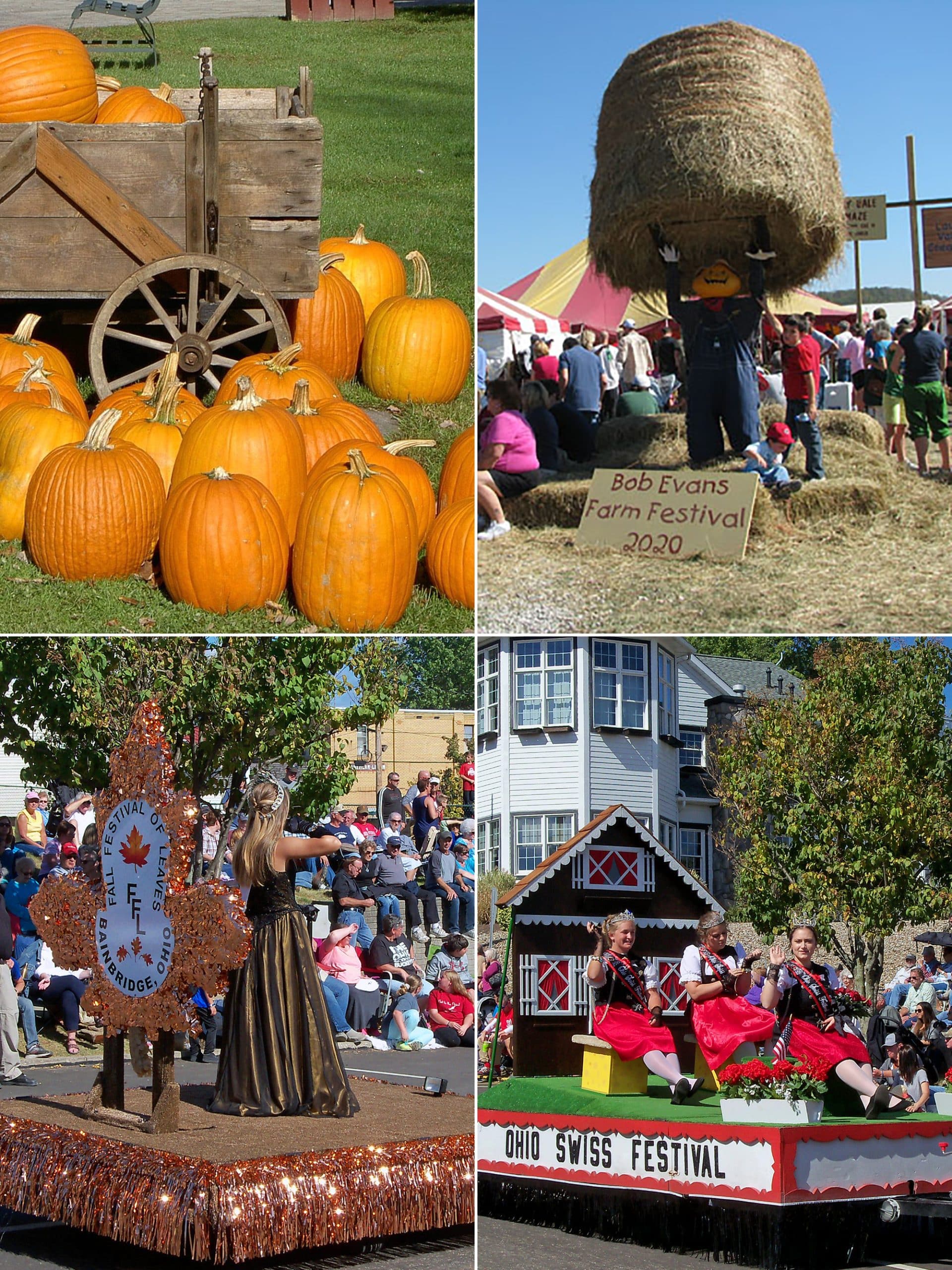 vertical collage of 4 fall festival photos. A pumpkin cart, a pumpkin head carrying a hay bale, festival of leafs queen on a float and ohio swiss festival float
