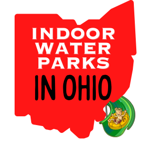 square photo showing a red map of ohio with indoor water parks in ohio on it and cartoon image of a child on a water slide
