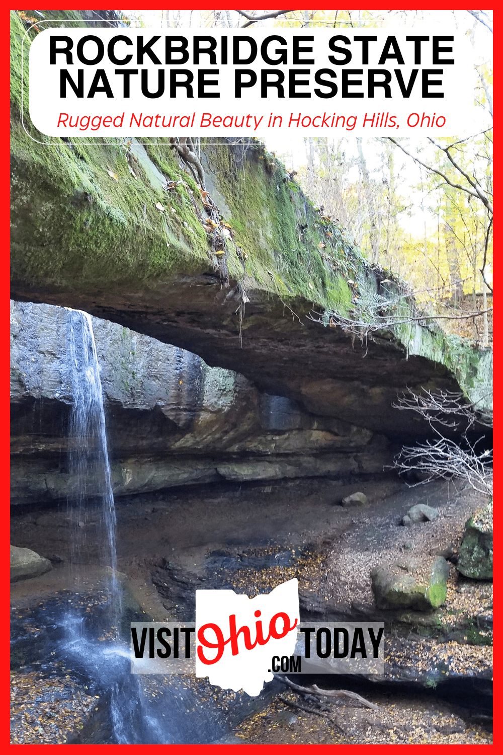 Rockbridge State Nature Preserve is home to the large, natural, Black Hand stone bridge known as Rock Bridge. It is more than 100-feet long and arches 50-feet across a ravine. It is the largest natural bridge in Ohio.