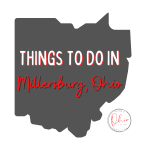 A grey image of the Ohio map. Text overlay says things to do in Millersburg Ohio