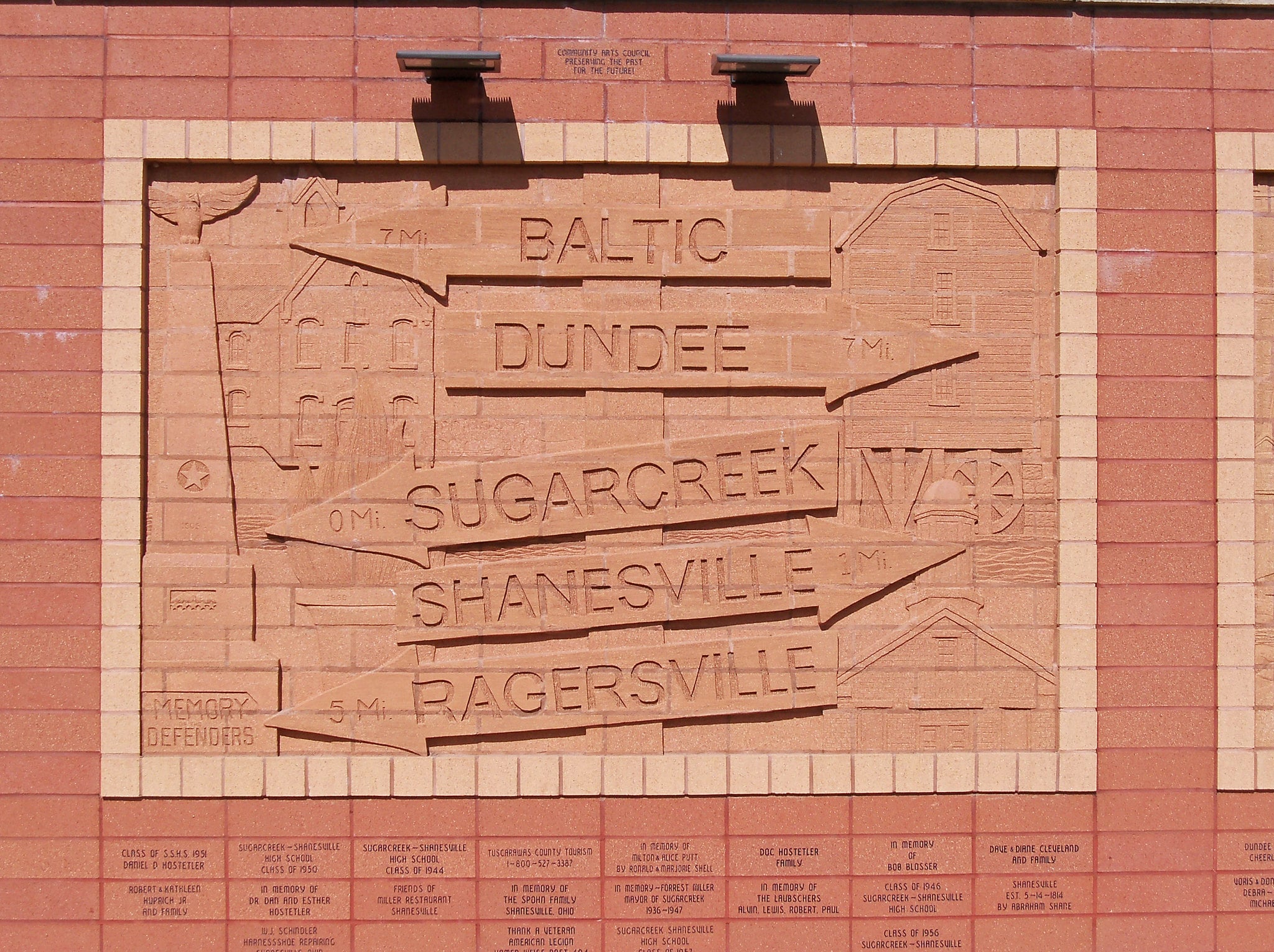horizontal photo of one of the portions of the brick wall sculpture in sugarcreek. 5 directional arrows point to: baltic 7 miles, dundee 7 miles, sugarcreek 0 miles, shanesville 1 mile and ragersville 5 miles