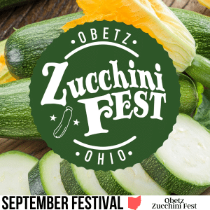 square image of the obetz zucchinifest logo with a background of green and yellow zucchinis