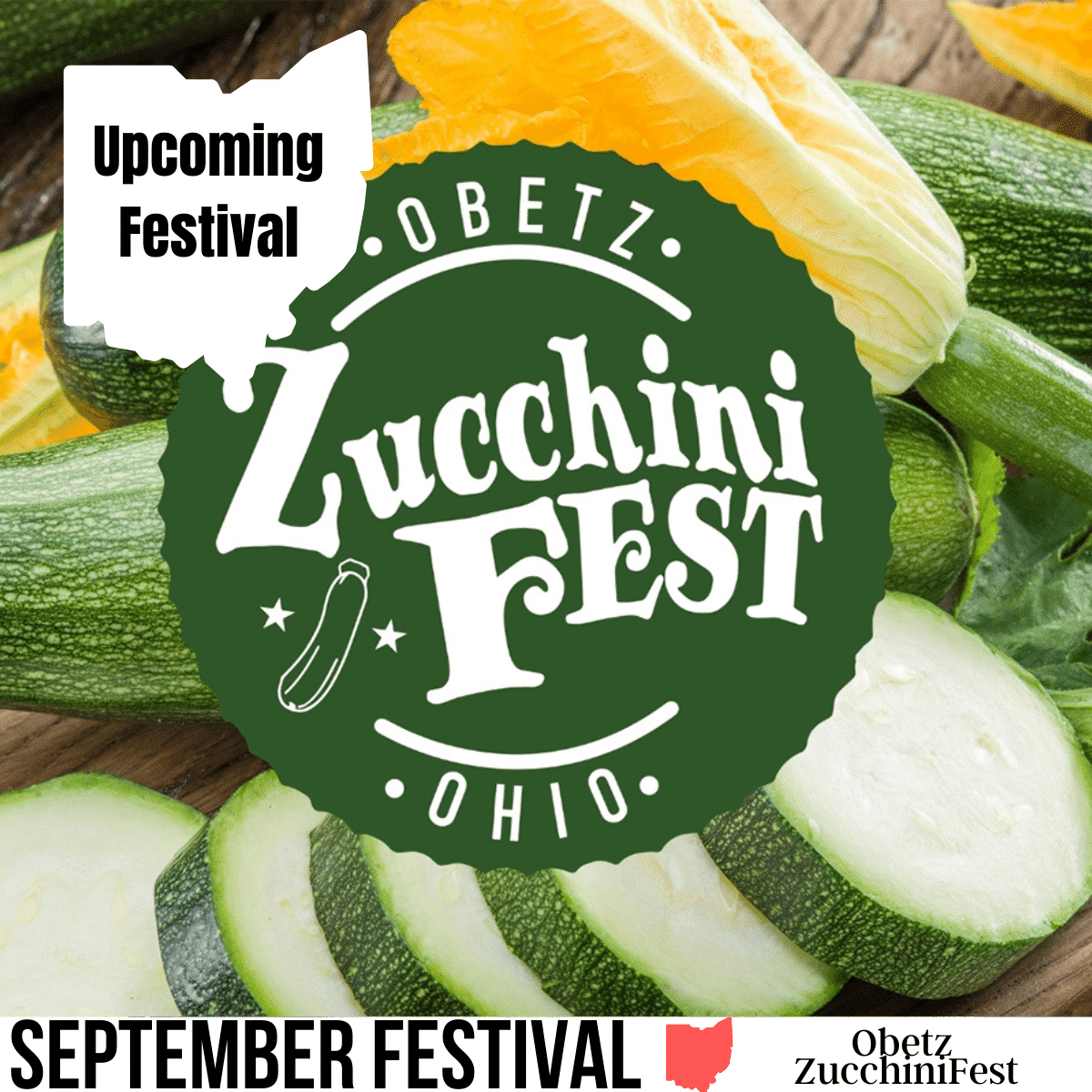 square image of the obetz zucchini fest logo with a background of green and yellow zucchinis