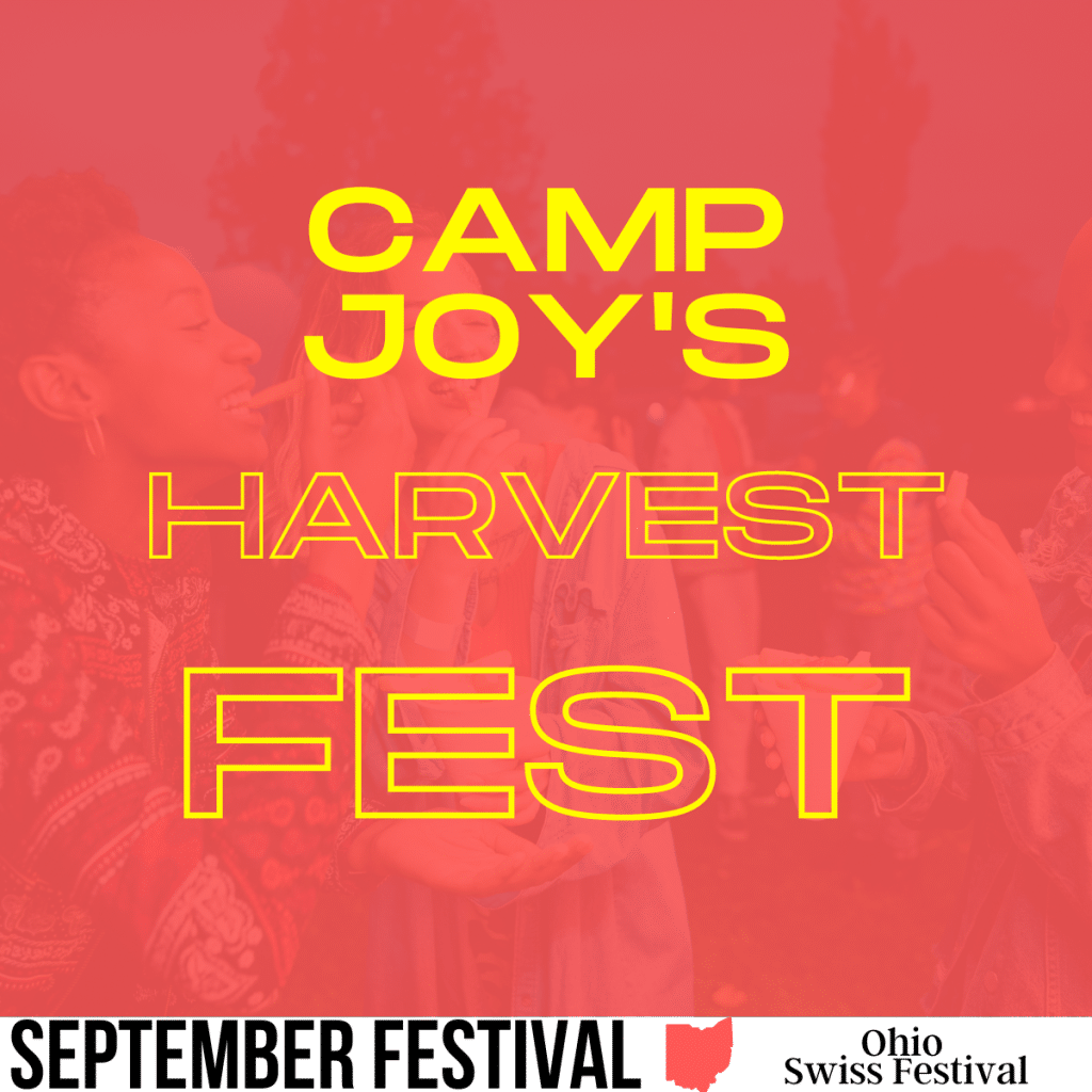 people at a festival eating french fries with a dark blue screen over top with words:camp joys harvest fest - image made with canva pro lincense, free image