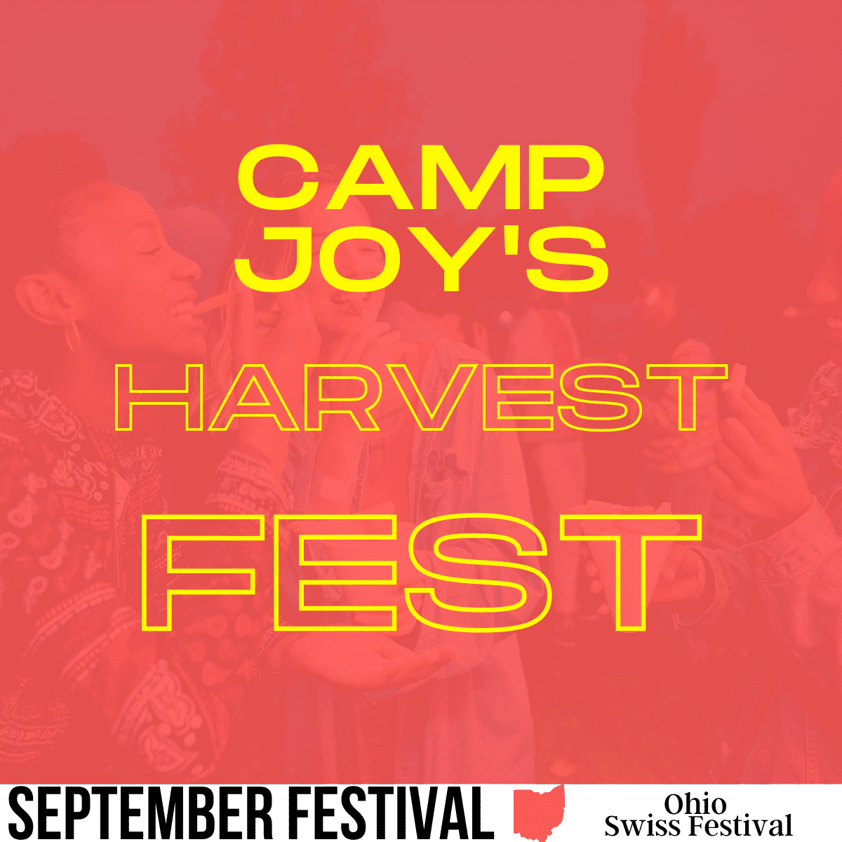 people at a festival eating french fries with a dark blue screen over top with words:camp joys harvest fest - image made with canva pro lincense, free image