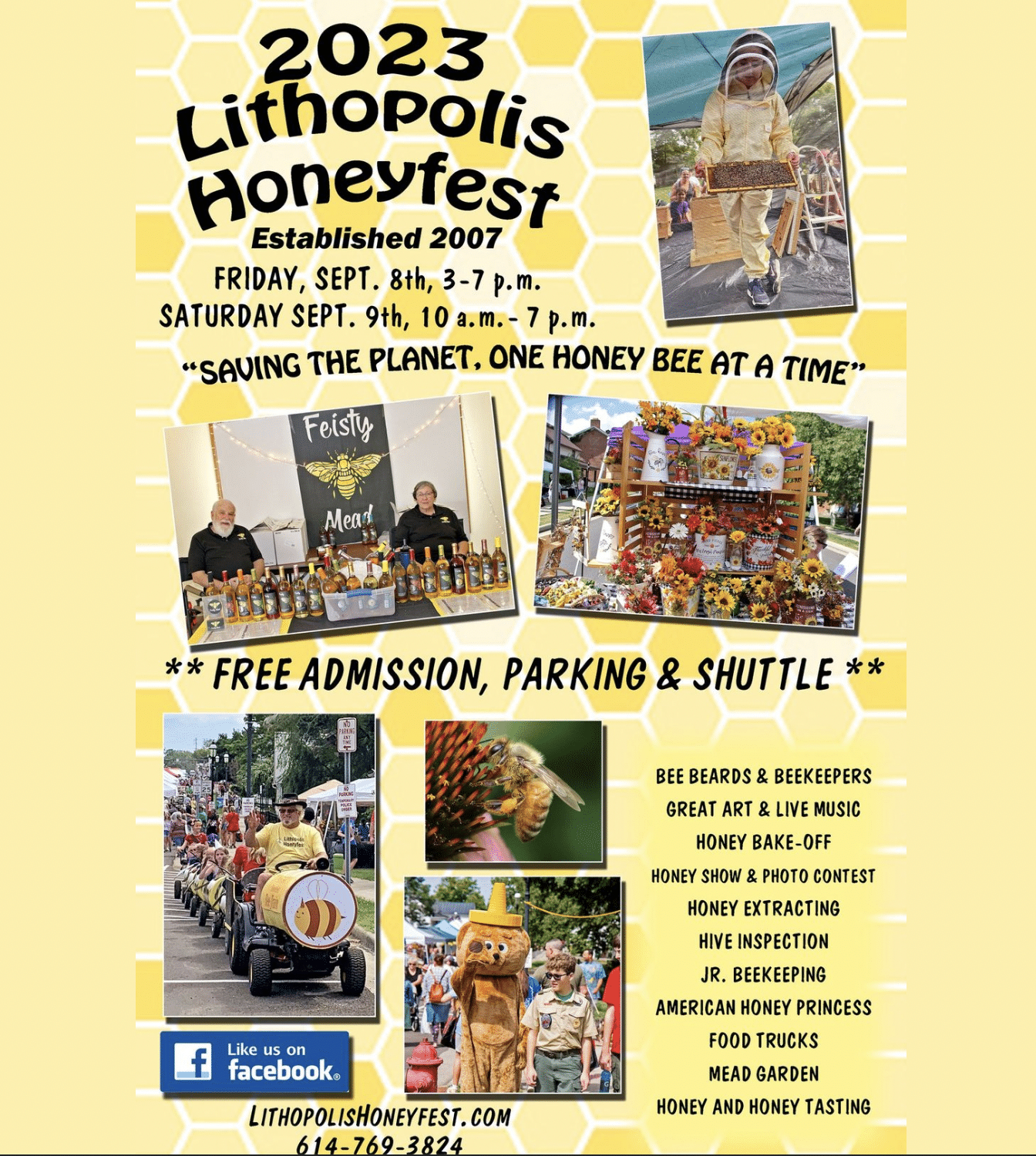 Poster with yellow background and bee photos, floers, mead and bee barrel train, photos of Lithopolis honeyfest - permission to use photos from fest itself 7/24/23
