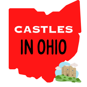 square image with a large red Ohio map with castles in ohio text on it. An illustration of a castle in the bottom right corner