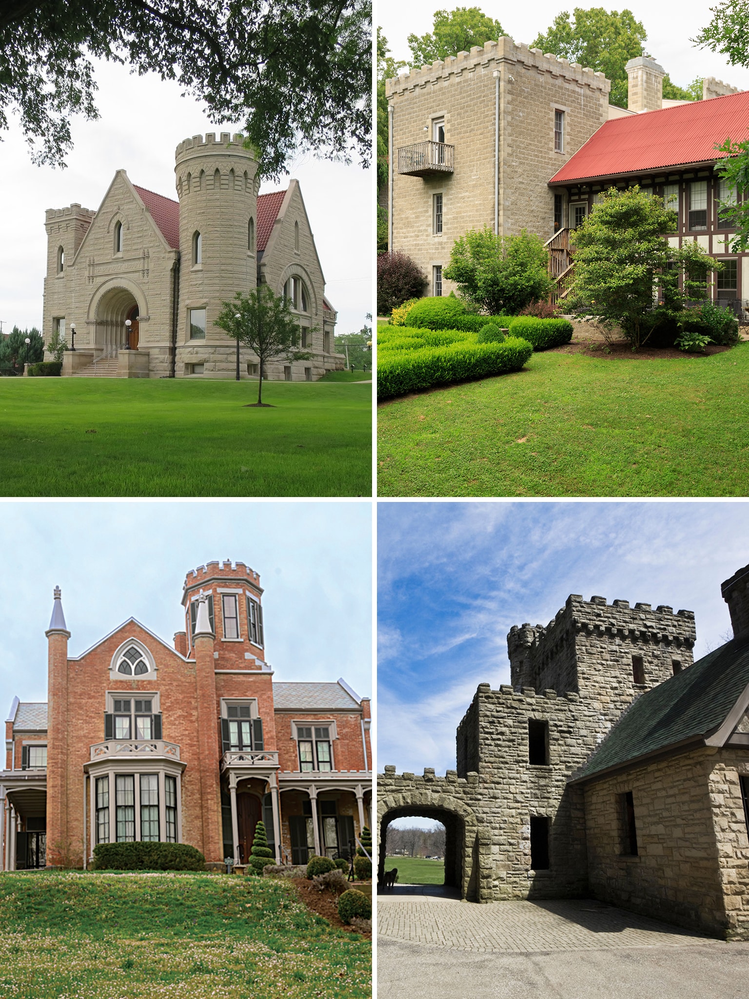 vertical image with 4 photos of castles in ohio: the brumback library, ravenwood castle, the marietta castle and squire's castle