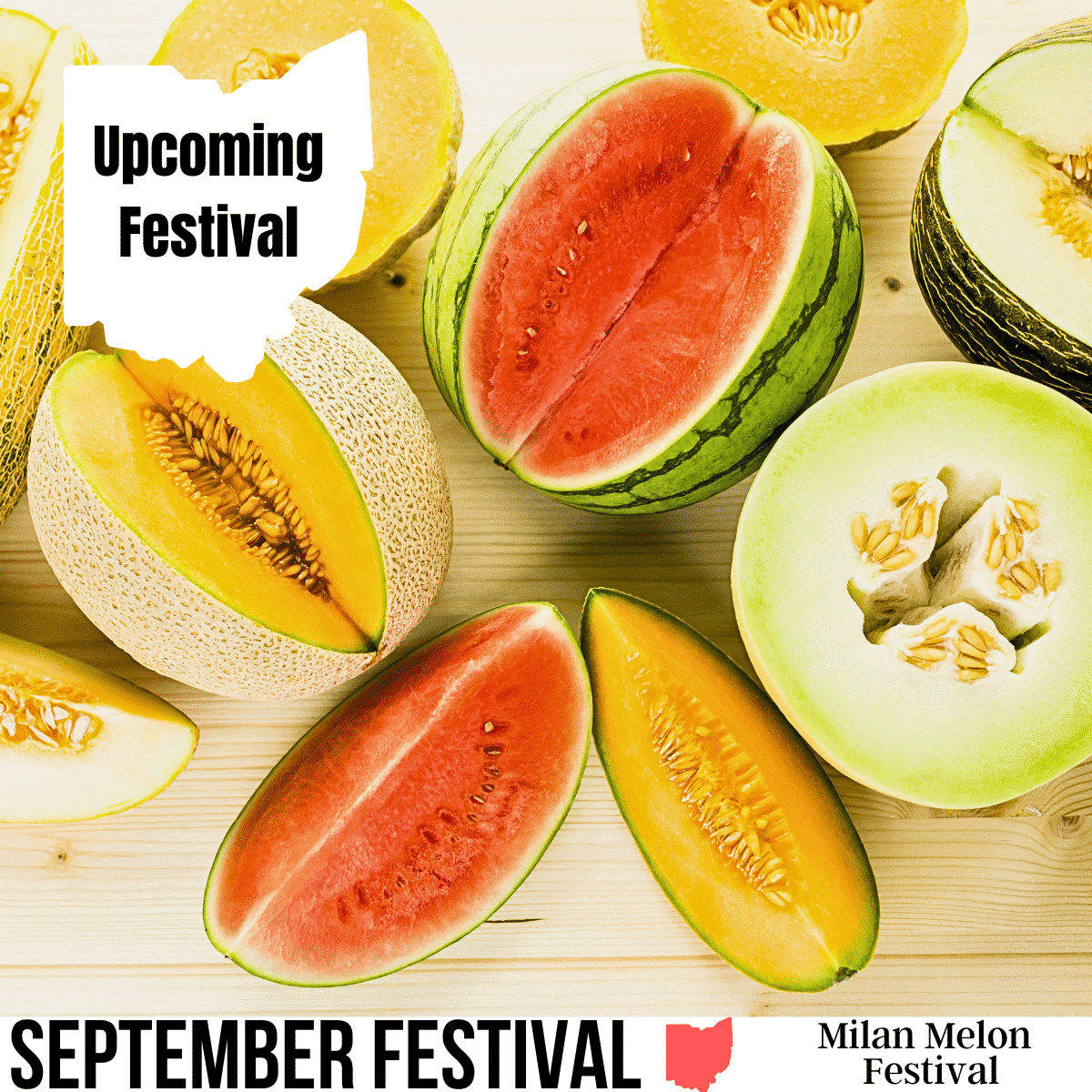 square image with a photo of cut cantaloupe melons and a watermelon on a wooden surface. A white Ohio map at the top has the text Upcoming Festival and a white strip at the bottom has the text: September Festival Milan Melon Festival Image via Canva