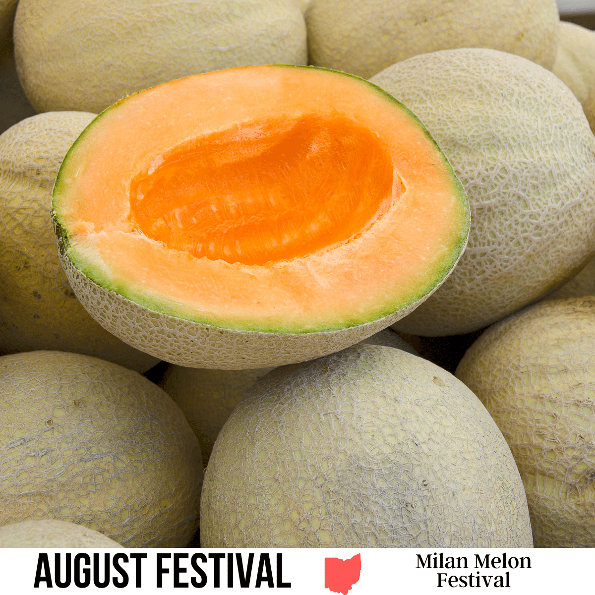 square image with a photo of half a melon on top of a pile of whole melons. A white strip across the bottom has the text August Festival. Milan Melon Festival