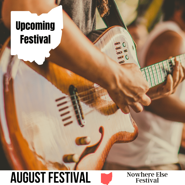 square image with a close up photo of a guitar player. A white strip across the bottom has the text August Festival. Nowhere Else Festival