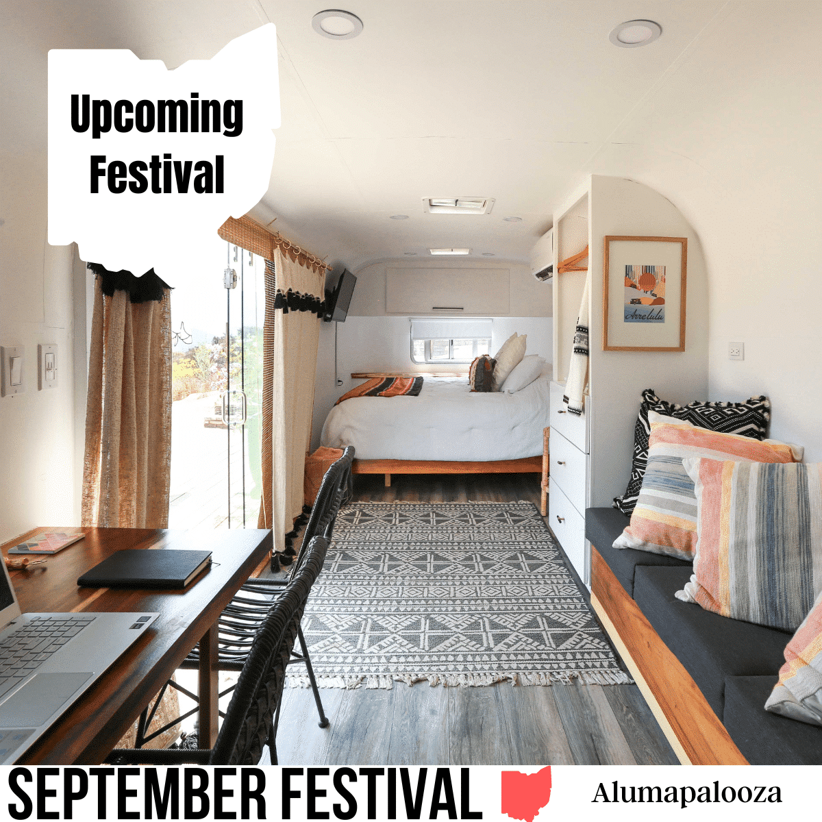 square image with a photo of the inside of an Airstream trailer with a dining table and chairs, a sofa with cushions and a double bed. A white strip at the bottom has the text September Festival Alumapalooza. Image via Canva pro license