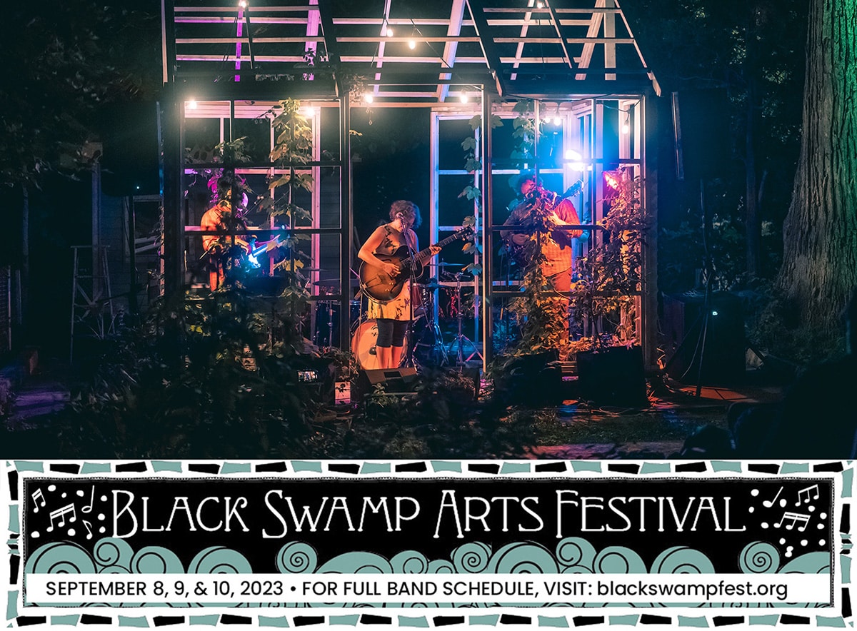 vertical image with a photo of the group The Antivillains playing at night in a multi-color-lit shelter. Text at the bottom Black Swamp Arts Festival. Image courtesy of Black Swamp Arts Festival and The Antivillains