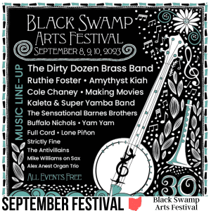 square image with an image of the music line-up poster and a lot of music-related hand-drawn graphics on a black background. A white strip at the bottom has the text September Festival Black Swamp Arts Festival. Image courtesy of Black Swamp Arts Festival