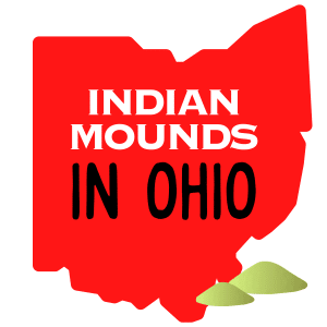 square image with a large red map of Ohio with the text Indian Mounds in Ohio and a couple of cartoon mounds in the bottom right corner