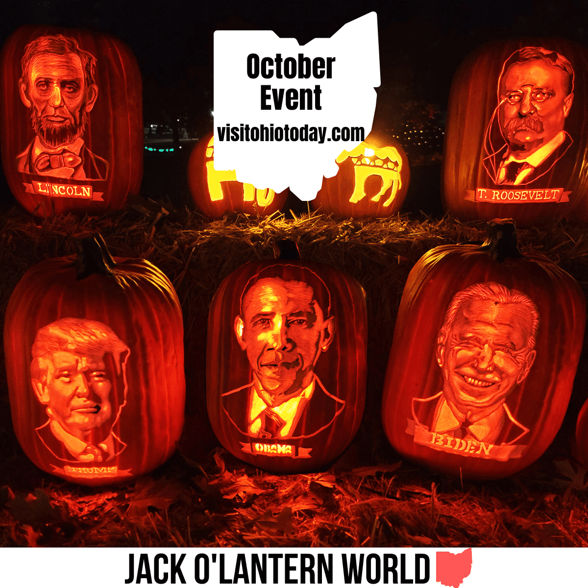 square image with a photo of carved pumpkins of presidents of the US. A white strip at the bottom has the text Jack O'Lantern World. Image courtesty of Jack O'Lantern World