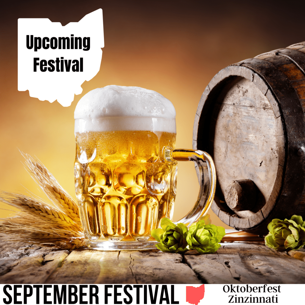 square image with a photo of a stein of beer beside a beer barrel on its side with some hops and wheat ears on the wooden surface. A white strip at the bottom has the text September Festival Oktoberfest Zinzinnati. Image via Canva pro license