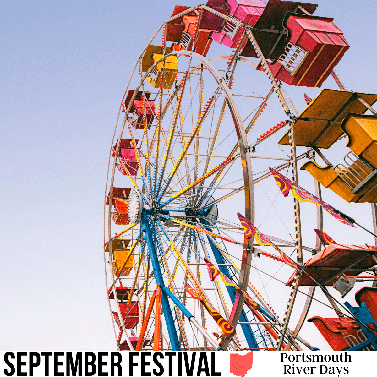square image with a photo of a big wheel at a carnival/festival. A white strip at the bottom has the text September Festival Portsmouth River Days. Image via Canva pro license