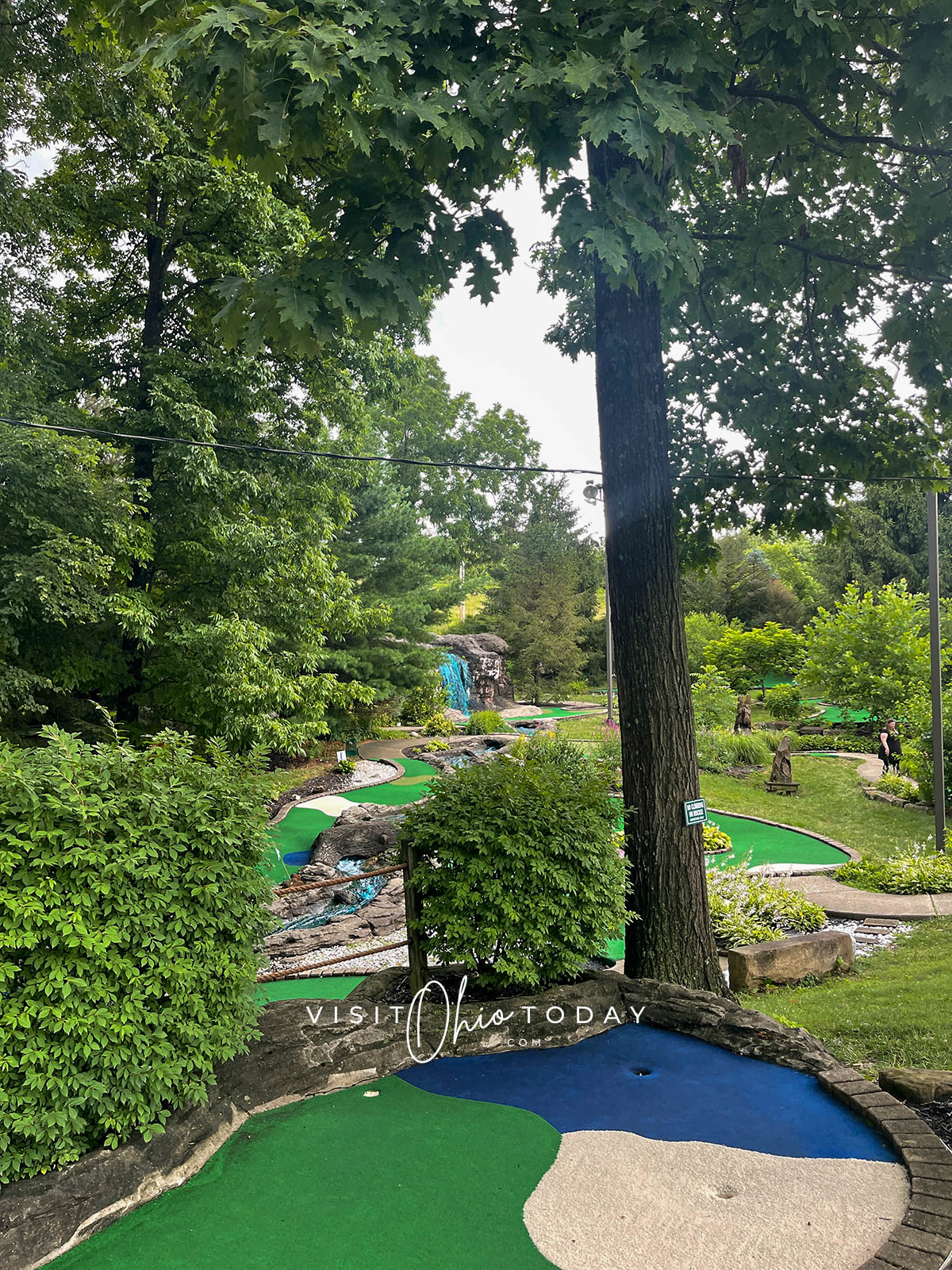vertical photo of an area of Adventure Golf at Rempel's Grove with trees and foliage all around it