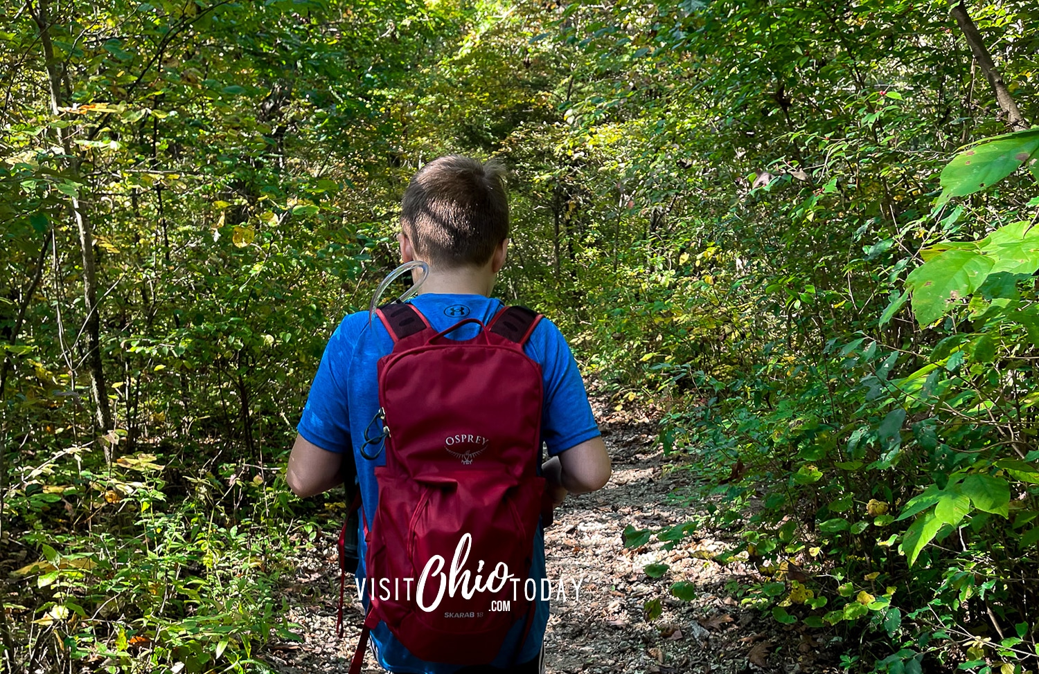 horizontal photo of a boy following a trail at Battelle Darby Creek Metro Park. Photo credit: Cindy Gordon of VisitOhioToday.com