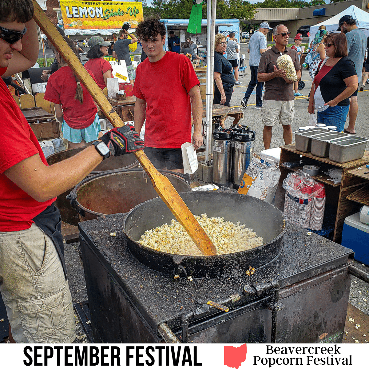 square image with a photo of popcorn being cooked. A white strip across the bottom has the text September Festival Beavercreek Popcorn Festival