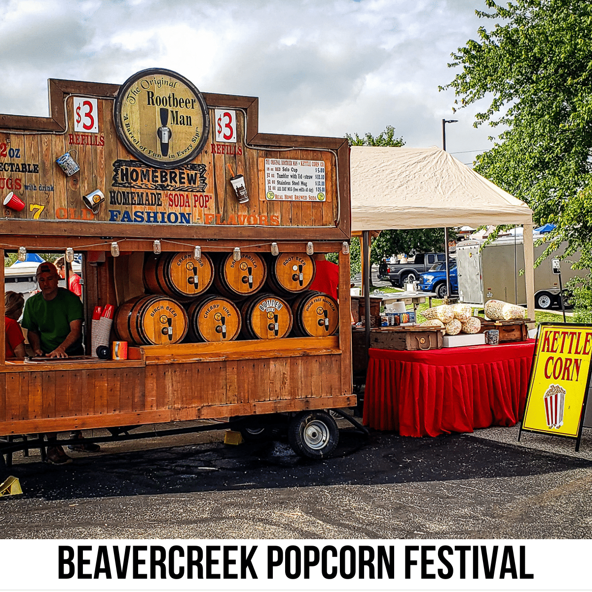 square image with a photo of home brew booth and a kettle corn booth a white strip across the bottom has the text Beavercreek Popcorn Festival. Photo credit: Cindy Gordon of VisitOhioToday.com